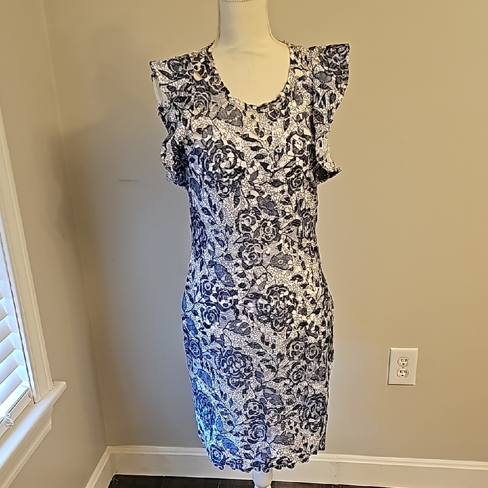 Floral Lace Ruffle Sleeve Dress - Blue